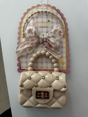 NWT Kids Mini Quilted Pearl Handle Bag Charm with Floral Bow - Cream